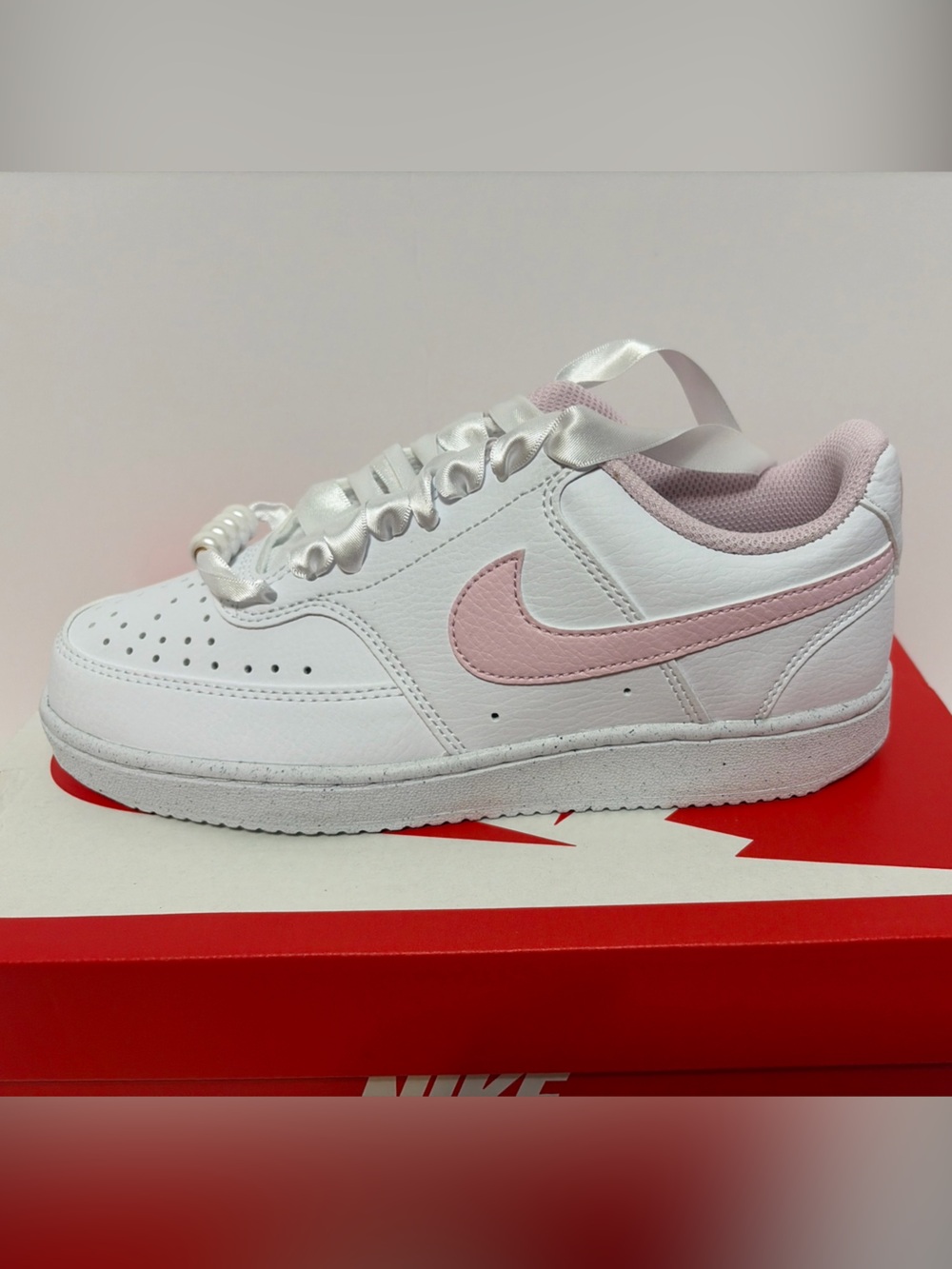 Woman’s Nike Court Vision Lo White and Pink with Pearls Size 6.5